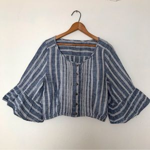Cropped Boho Top, Bell Sleeves- Blue and White - Beach Costal Vibes